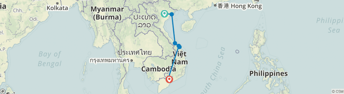 Image of a map showing the route of the tour