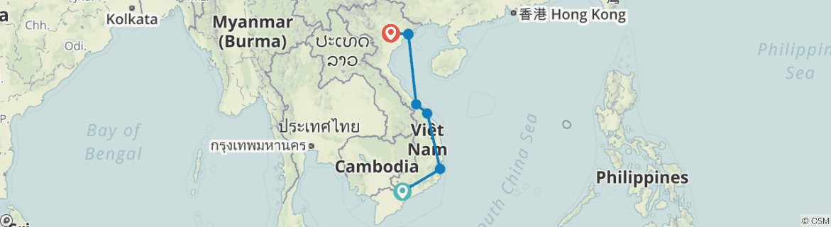 Image of a map showing the route of the tour