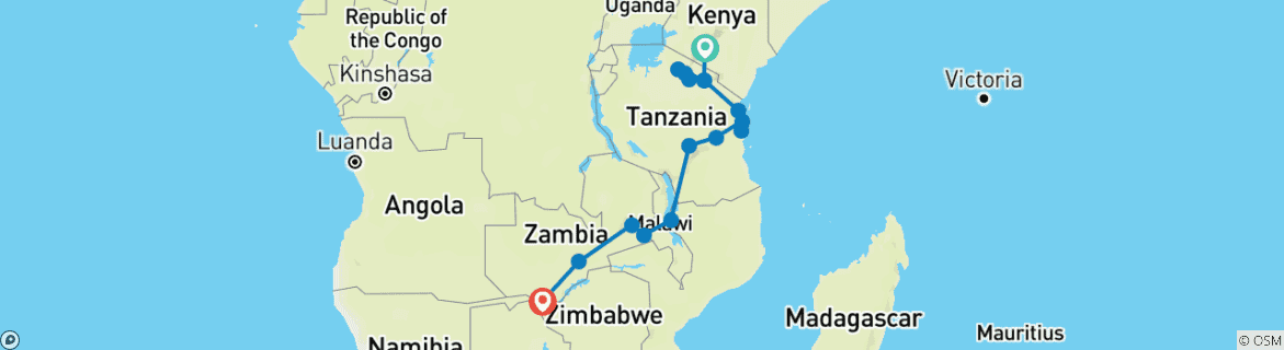 Image of a map showing the route of the tour