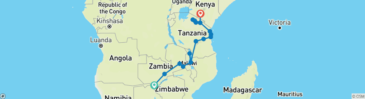 Image of a map showing the route of the tour