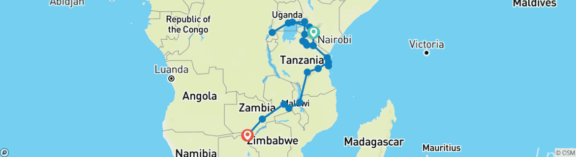 Image of a map showing the route of the tour