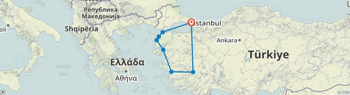 Image of a map showing the route of the tour