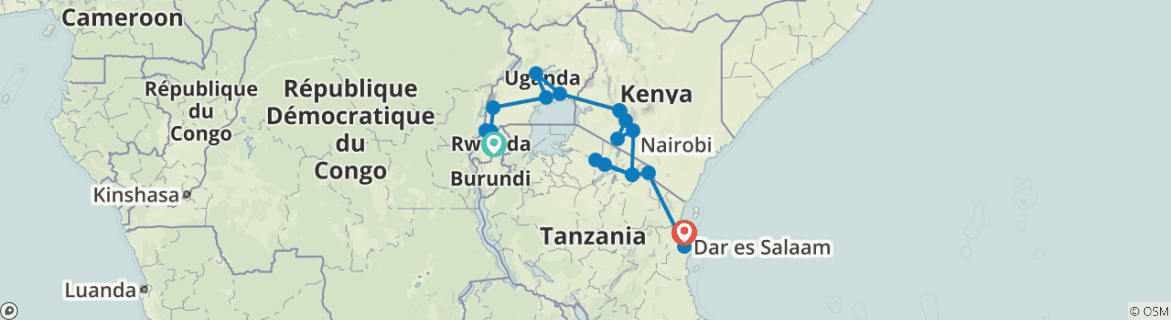 Image of a map showing the route of the tour