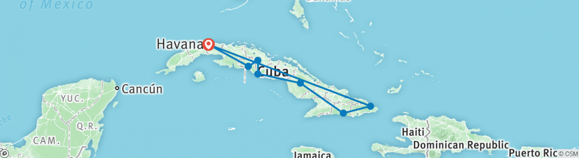 Image of a map showing the route of the tour