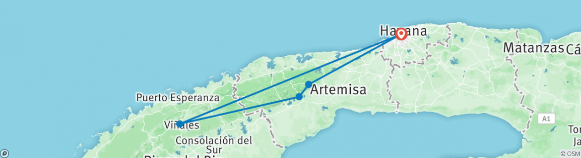 Image of a map showing the route of the tour