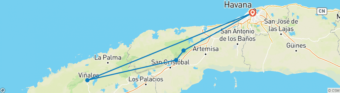Image of a map showing the route of the tour