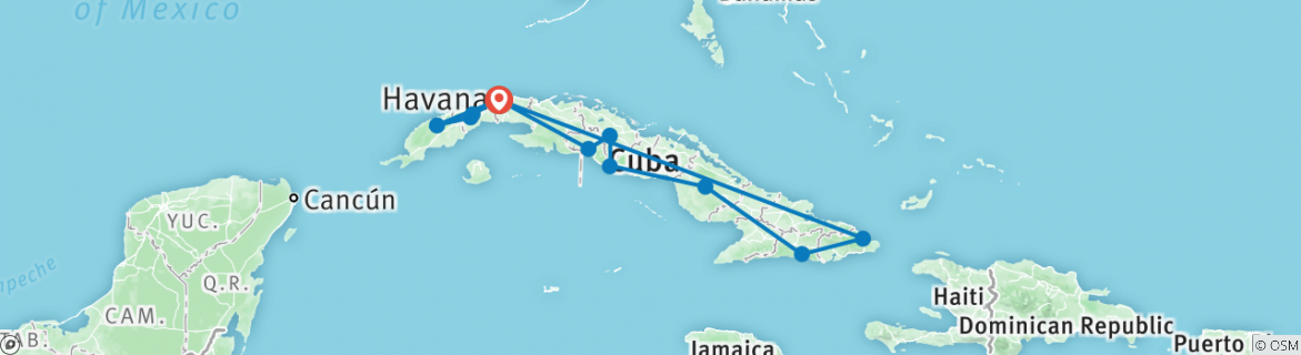 Image of a map showing the route of the tour