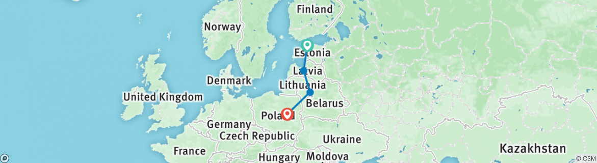 Image of a map showing the route of the tour
