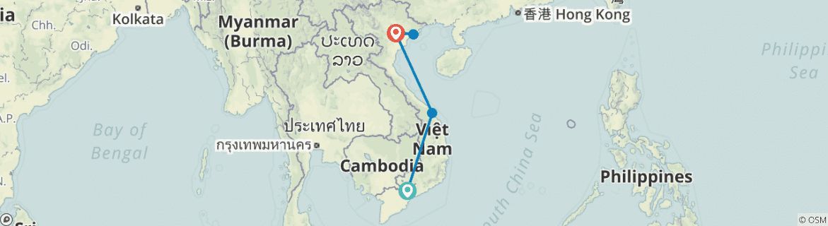 Image of a map showing the route of the tour