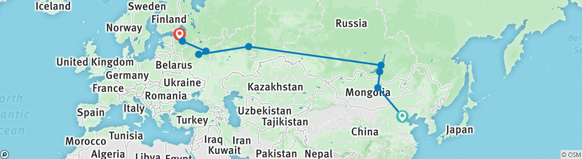 Image of a map showing the route of the tour