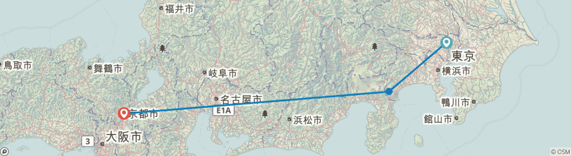 Image of a map showing the route of the tour