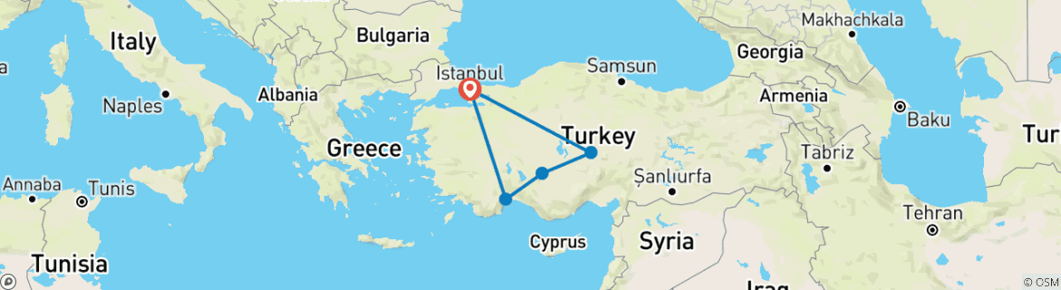 Image of a map showing the route of the tour