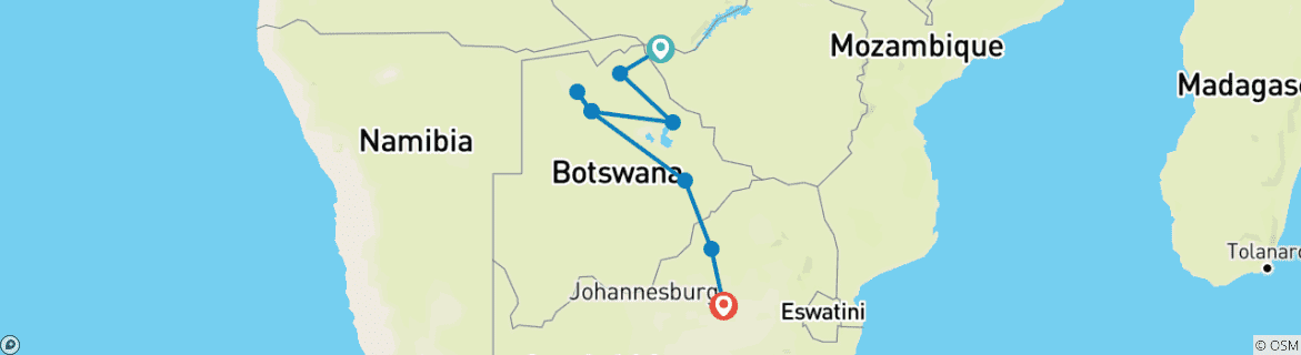 Image of a map showing the route of the tour