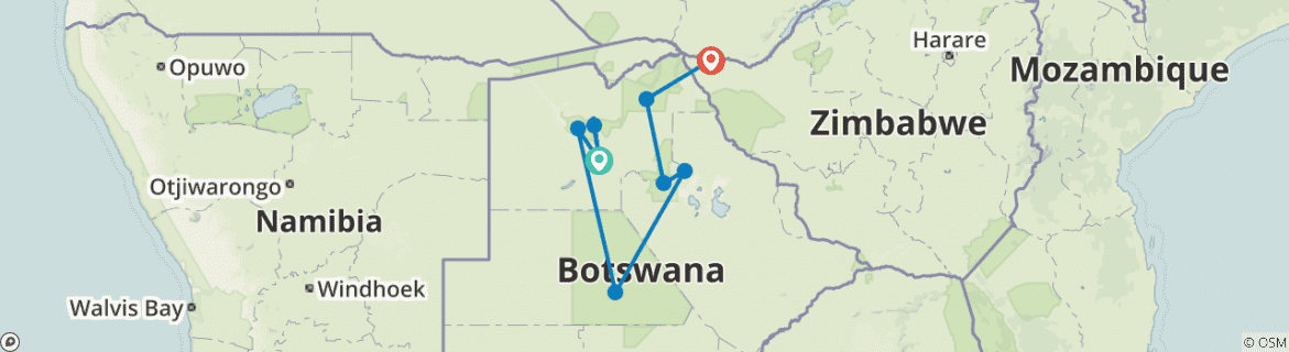 Image of a map showing the route of the tour