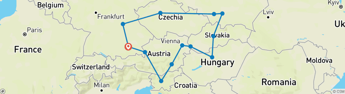 Image of a map showing the route of the tour