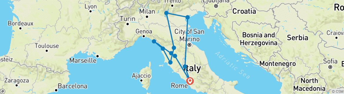 Image of a map showing the route of the tour