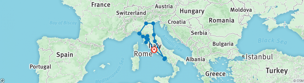 Image of a map showing the route of the tour