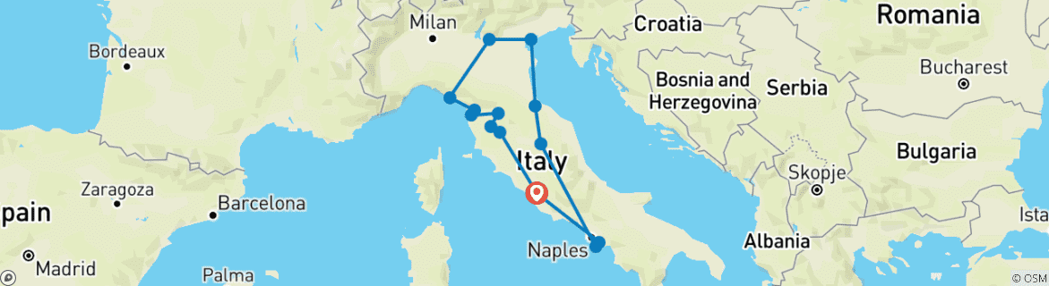 Image of a map showing the route of the tour