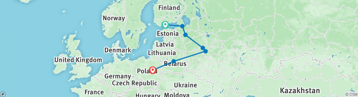 Image of a map showing the route of the tour