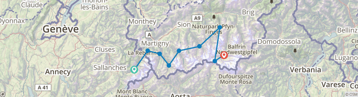 Image of a map showing the route of the tour