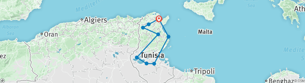 Image of a map showing the route of the tour