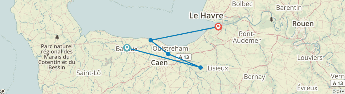 Image of a map showing the route of the tour