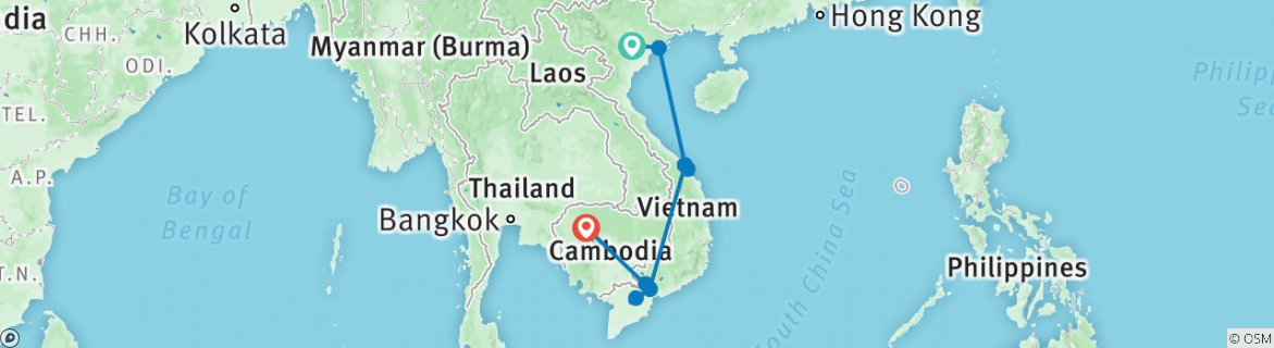 Image of a map showing the route of the tour