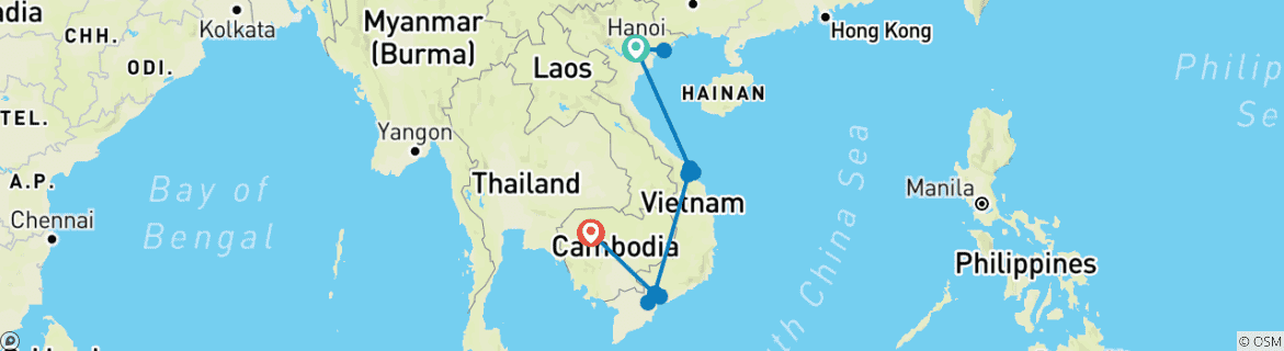 Image of a map showing the route of the tour