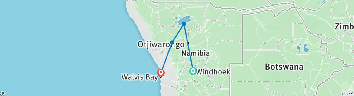 Image of a map showing the route of the tour