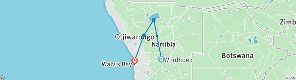 Image of a map showing the route of the tour
