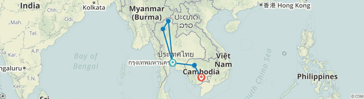 Image of a map showing the route of the tour