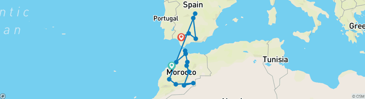 Image of a map showing the route of the tour