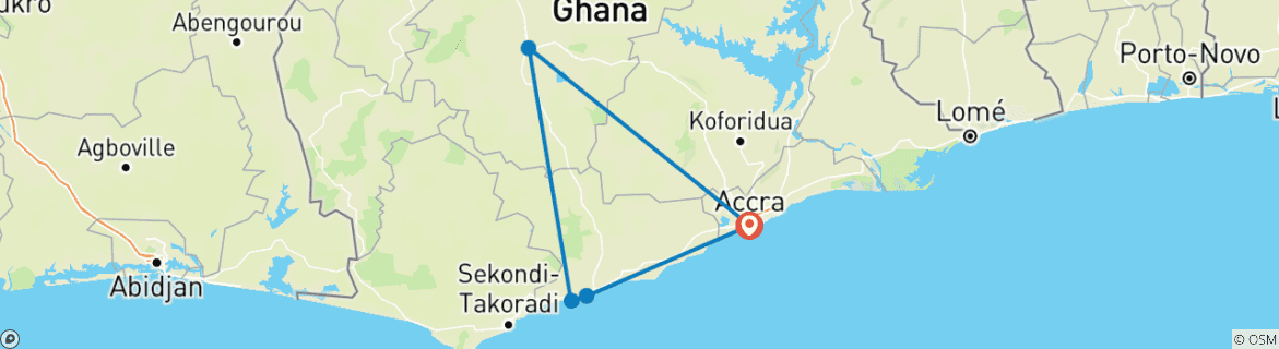 Image of a map showing the route of the tour