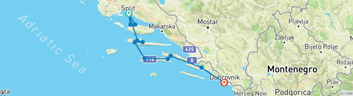 Image of a map showing the route of the tour