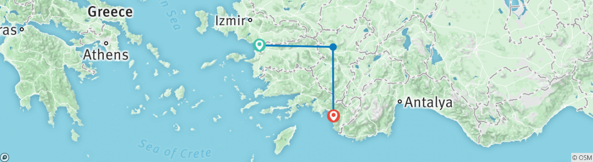 Image of a map showing the route of the tour
