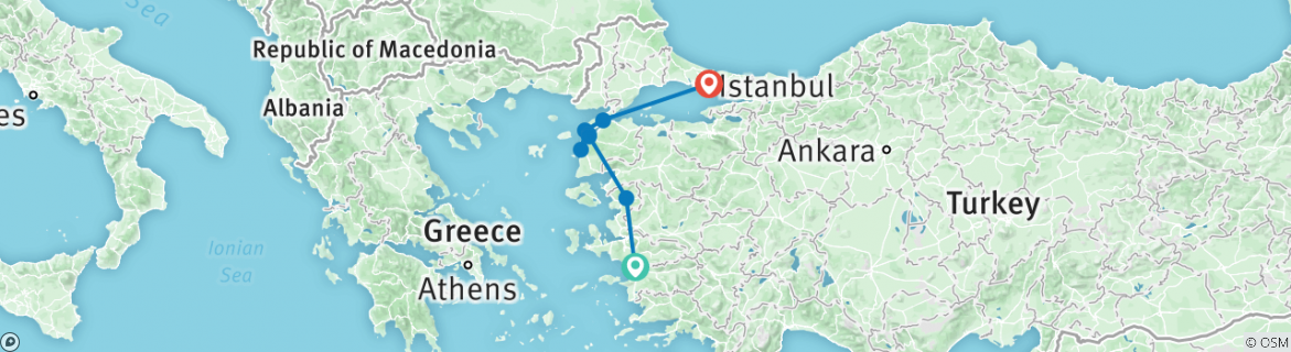 Image of a map showing the route of the tour