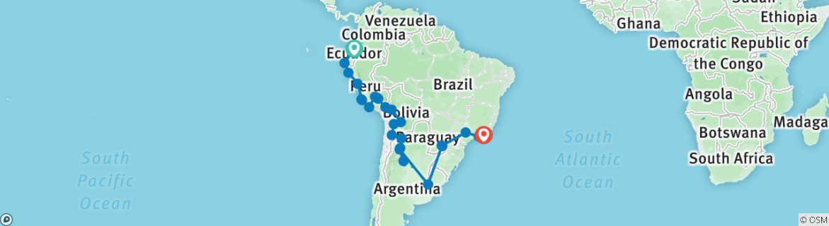 Image of a map showing the route of the tour