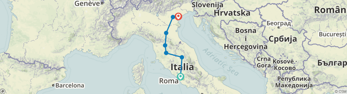 Image of a map showing the route of the tour