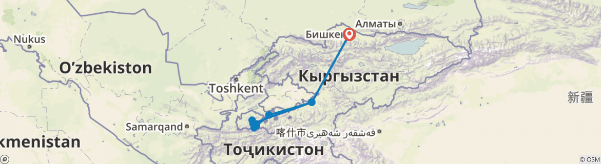 Image of a map showing the route of the tour
