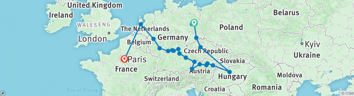 Image of a map showing the route of the tour