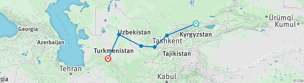 Image of a map showing the route of the tour