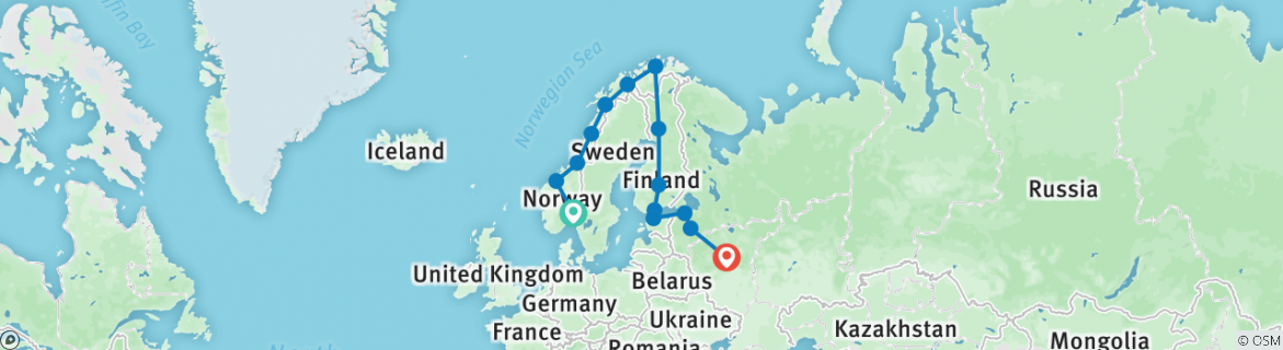 Image of a map showing the route of the tour