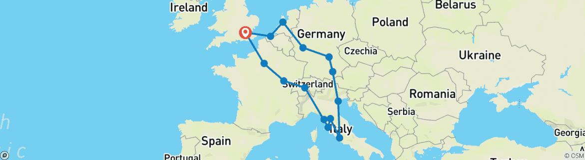 Image of a map showing the route of the tour