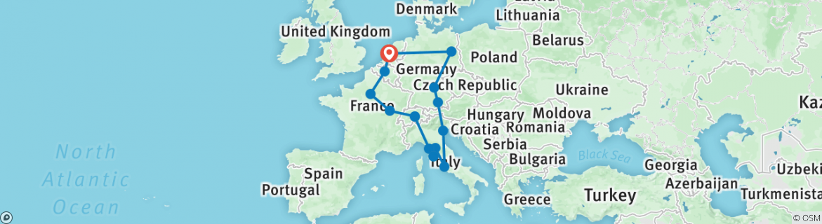 Image of a map showing the route of the tour