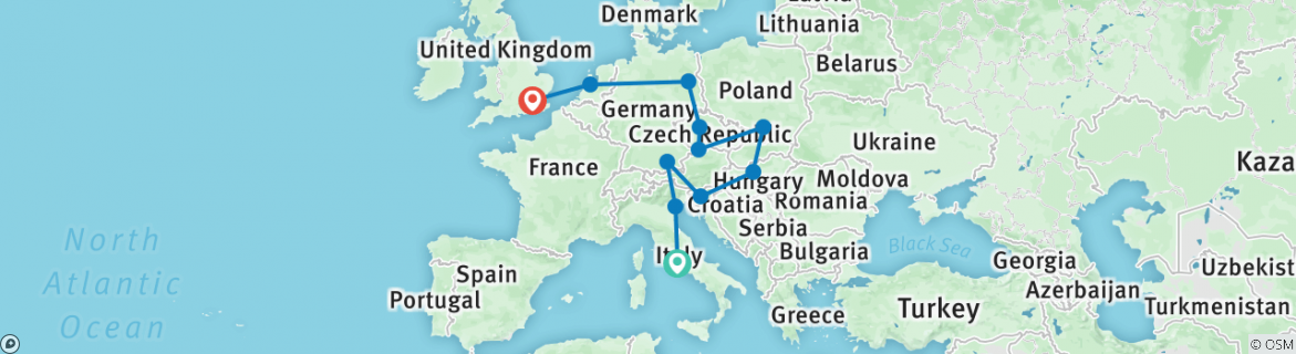 Image of a map showing the route of the tour
