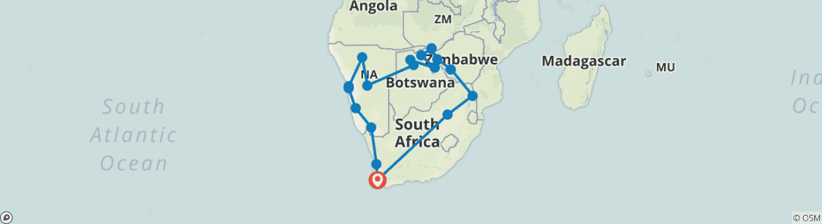Image of a map showing the route of the tour