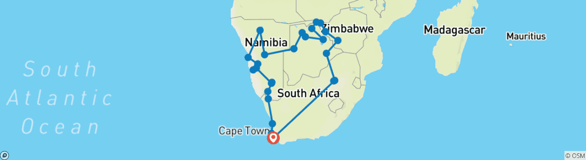 Carte du circuit Les points forts de l'Afrique australe