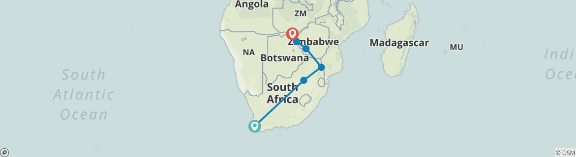 Image of a map showing the route of the tour