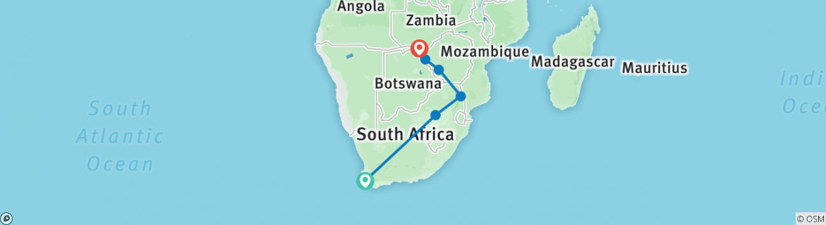 Image of a map showing the route of the tour