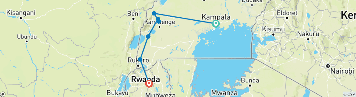 Image of a map showing the route of the tour